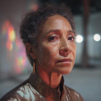 A Black woman in a shimmering bronze top with colorful bokeh lights in the background photo