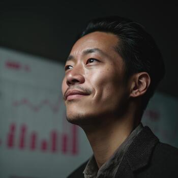 An East Asian man looking up thoughtfully in front of a business presentation screen photo