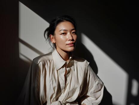 The Model Showcases a Stylish Light Beige Outfit Illuminated by Soft, Airy Lighting, Creating a Graceful Ambiance With Elegant Shadows photo