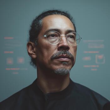 A Hispanic Man Dressed in a Sleek Black Attire Reflects Thoughtfully on Futuristic Data Points in a Highly Detailed, Visionary Backdrop photo