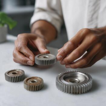 A Black engineer examining metal gears and mechanical components on white work surface photo