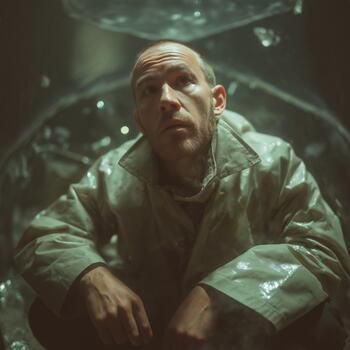 A White man in a light green raincoat, crouching in a dark, reflective, confined space. photo