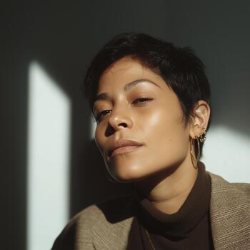 A Hispanic Model Showcases Effortless Style While Posing in Soft Shadows, Reflecting an Introspective Mood in an Elegant Indoor Setting photo