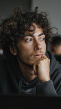 A Focused Hispanic Male Software Developer Is Deeply Absorbed in Coding on His Laptop, Surrounded by a Calm and Subtle Environment photo