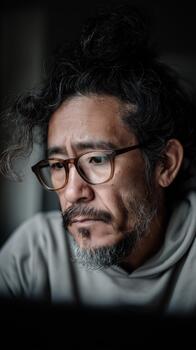 Hispano hombre vistiendo un gris capucha concentrados en programación en su ordenador portátil en un suavemente iluminado, atractivo ambiente foto