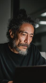 A Hispanic Man Focuses Intently on Coding, Illuminated by Subtle Ambient Lighting in a Modern Workspace photo