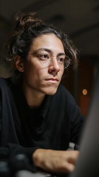 A Focused Hispanic Male Software Developer Is Coding Intently on His Laptop in a Dimly Lit Space With Soft Lighting, Showcasing Concentration photo
