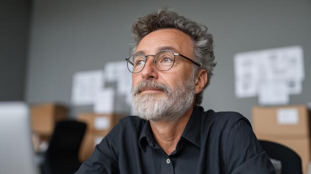 Hispanic Business Owner Wearing a Black Shirt, Focusing on Supply Chain Efficiency Using Visual Icons in a Contemporary Office Environment photo
