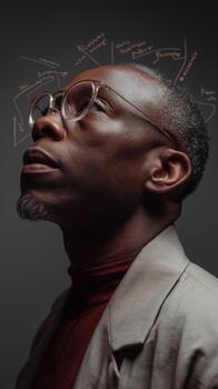 A Black Innovator in a Grey Blazer and Maroon Turtleneck Gazes Up With Ambition, With Scalability Concepts Illustrated Behind photo