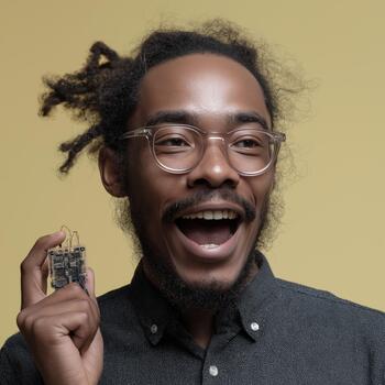 A Black Man Tests a New Technology Prototype, Showcasing Excitement and Creativity in a Vibrant Setting, Reflecting Innovation and Enthusiasm photo
