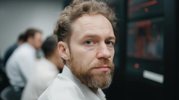 A serious middle-aged White man with a beard wearing a White collar shirt looking intensely forward in a dark technical setting. photo