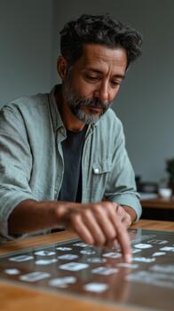 A focused Middle Eastern man with a gray beard wearing a casual shirt interacts with a high-tech touchscreen display. photo