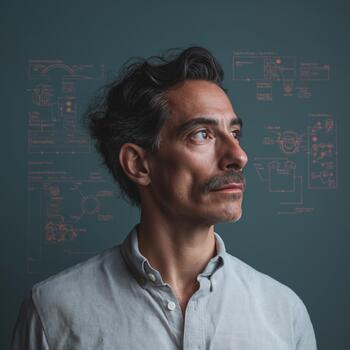 A thoughtful Middle Eastern man with a distinguished mustache observing a distant future against a holographic engineering diagram. photo