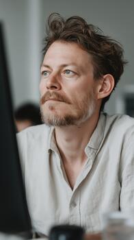 A focused middle-aged White man wearing a light linen shirt intently looking towards a computer screen during work. photo