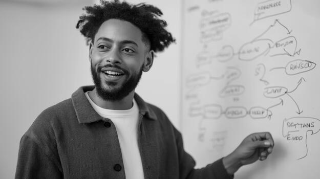 A charismatic young Black man in a cardigan jacket enthusiastically pointing at a complex flow diagram on a whiteboard. photo