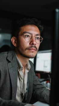 A focused professional man wearing a patterned blazer and round glasses concentrating intently on his computer monitor at night. photo