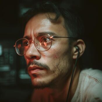 A technician observing a radar screen showing an unidentified blip in a dim control room photo