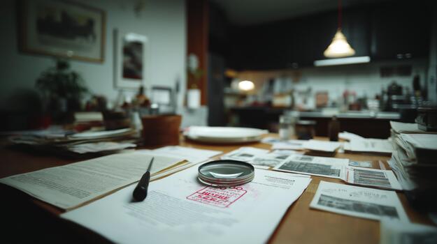 A researcher analyzing declassified UFO documents and studying redacted sections in a dim workspace photo
