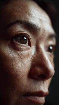 An eye in close-up reflecting an unidentifiable light against a dark background photo