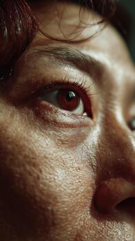 An extreme close-up of a reflective eye capturing a mysterious light streak in the dark sky photo