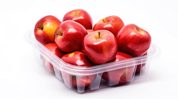 Red apples in a clear plastic container on a white background photo