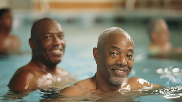 A pair of Black men enjoying a relaxing swim in the pool photo