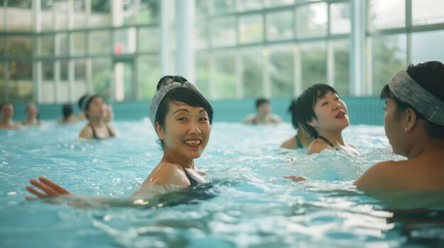 A group of Asian adults enjoying a swim in a crowded pool photo