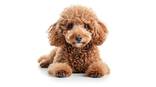 Soft and Friendly Curly-haired Dog Rests Calmly on a Plain White Surface, Displaying Its Charming Fur and Playful Expression photo