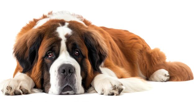 A St. Bernard Rests Quietly on a Plain White Background, Displaying Its Impressive Size and Serene Expression, Creating a Calm Atmosphere photo