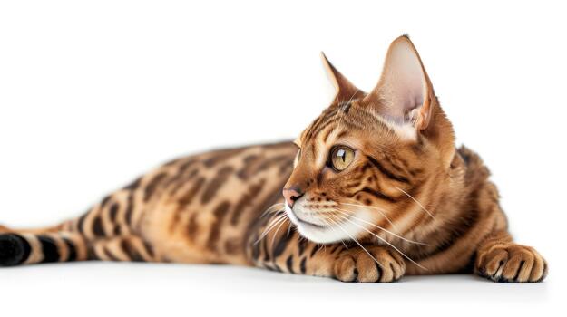 A Bengal Cat Lies Calmly on a Flat Surface, Showcasing Its Unique Coat Pattern and Alert Expression in a Serene Setting photo