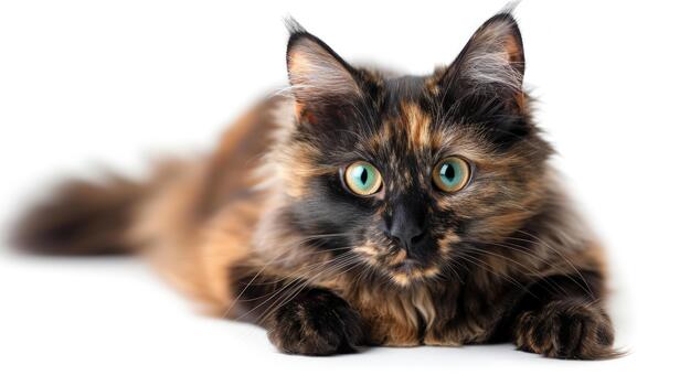 carey gato descansa tranquilamente con vibrante ojos, exhibiendo piel patrones en un bien iluminado ambiente, creando un sereno momento foto