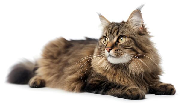 A Stunning Cat Relaxes on a Plain White Background, Displaying Its Soft Fur and Alert Gaze, Emphasizing Its Beautiful Features photo