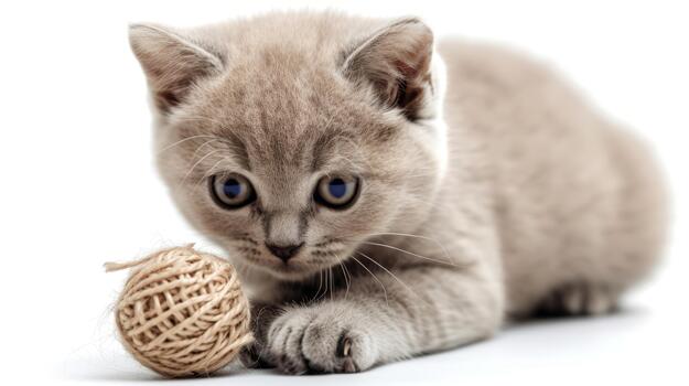 un mullido gato curiosamente patas a un pequeño pelota de cadena, demostración atención y alegría en un sereno ajuste foto