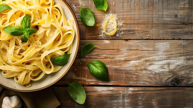 Fresco Fettuccine pasta con albahaca hojas en rústico de madera mesa con copyspace foto