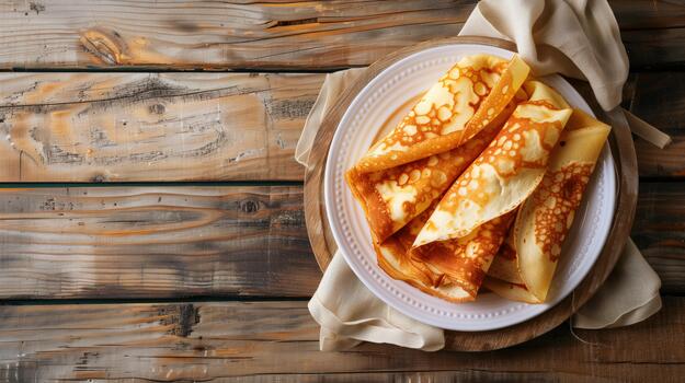 A stack of folded golden crepes on a white plate with napkin on wooden table photo