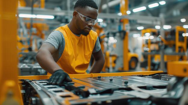 African Man Working on a Machine in an Industrial Factory Setting photo