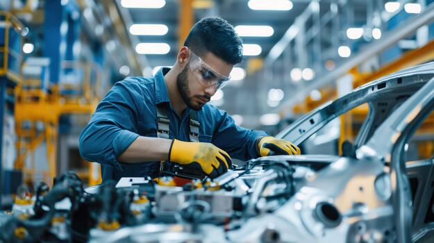 A Man Is Diligently Repairing a Car in a Factory Setting photo