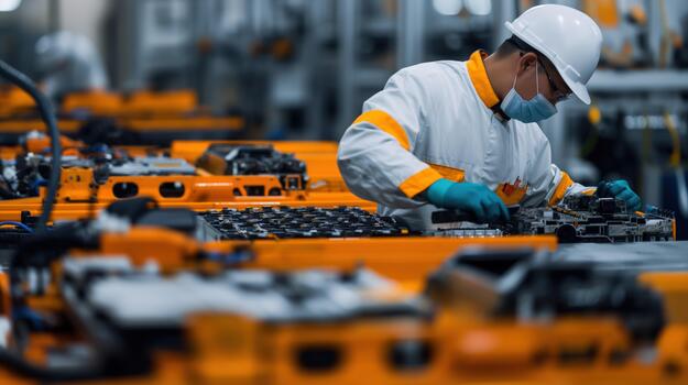A Man in a Factory Setting Works on a Laptop photo
