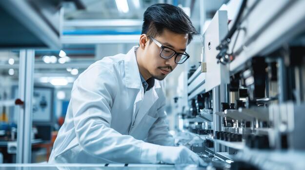 Asian Man in Lab Coat Working on Machine in Laboratory Setting photo