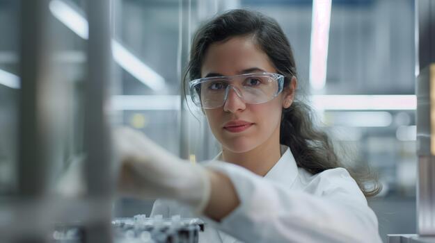 Female Scientist in Lab Coat and Safety Glasses Working in Laboratory photo