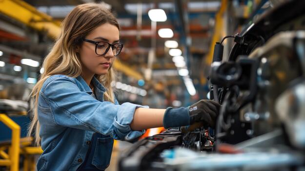 Female Worker Repairing a Vehicle on an Assembly Line in an Industrial Setting photo
