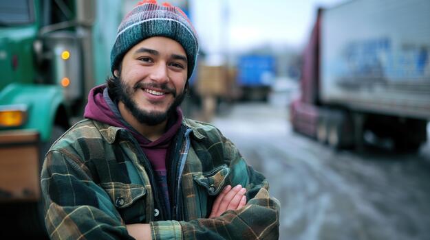 A Latino Delivery Man Standing Confidently in Front of a Large Semi-truck photo