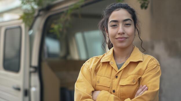 A Delivery Woman Standing Near Van Parked in an Urban Setting photo