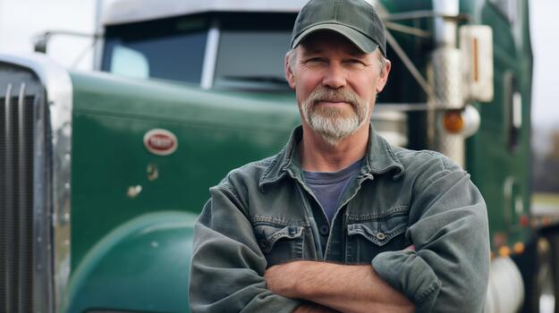 A Caucasian Delivery Man Standing Confidently in Front of a Large Semi-truck photo