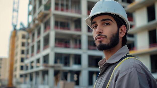 An Indian Man Wearing a Hard Hat Stands in Front of a Building photo