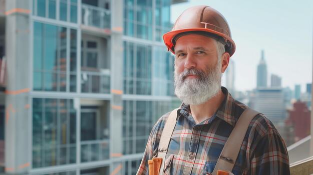 A man with a beard wearing a hard hat in a work setting photo