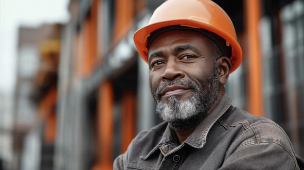 A Black Man Wearing a Hard Hat Stands in Front of a Building photo