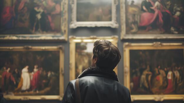 Man Standing in Front of Multiple Paintings in Art Gallery photo