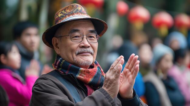 An Asian Man in a Hat and Scarf Clapping Enthusiastically photo