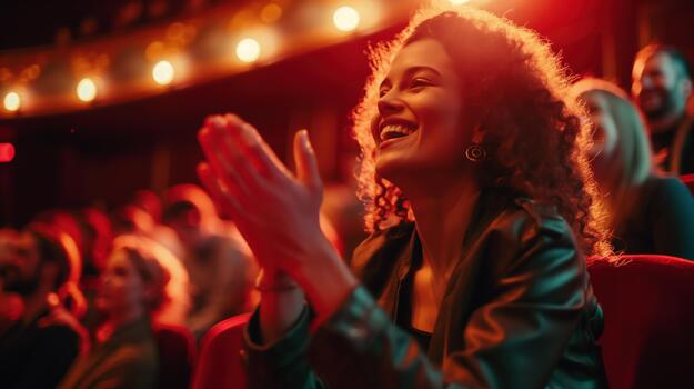 Woman Sitting in Theater, Clapping Enthusiastically photo